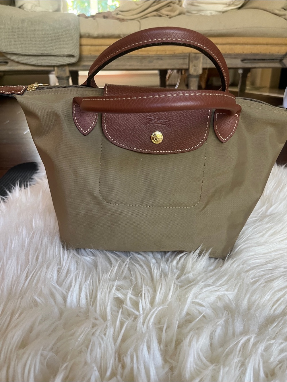 Longchamp khaki small Top-Handle Tote Bag with Leather Trim